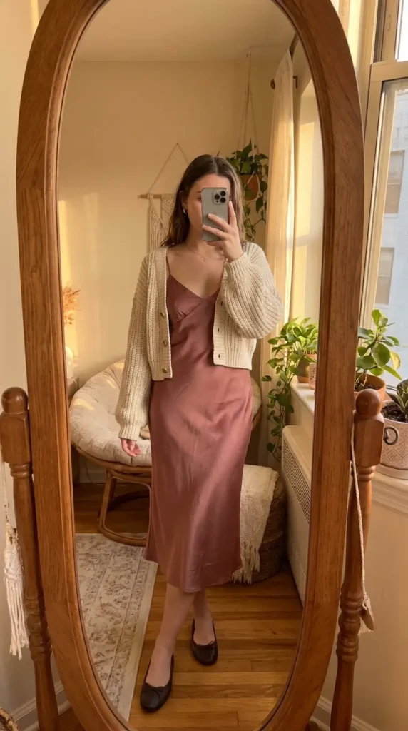 Rosy satin slip dress layered with cream cardigan, cozy Best Barbie-Inspired Party Outfits idea
