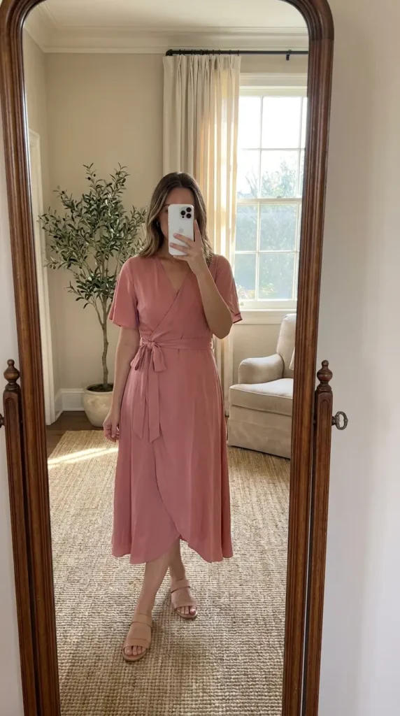Casual Barbie Outfit Ideas: rosy pink wrap midi dress with tie waist and tan flat sandals