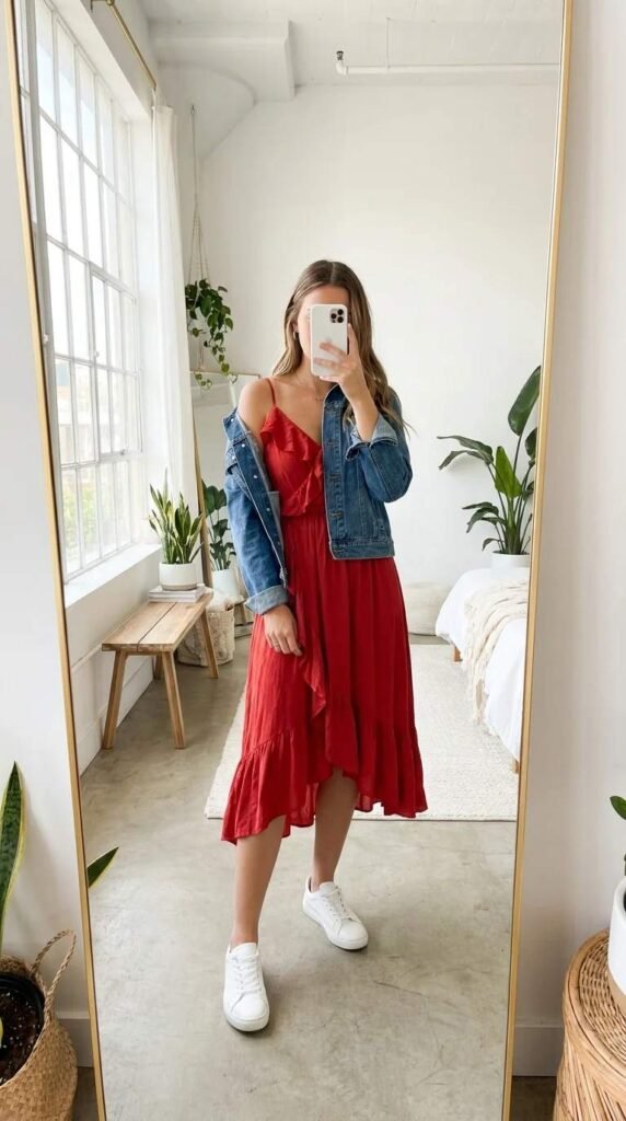 Ruffled red wrap dress styled with a denim jacket and white sneakers, Red Dress Outfits to Steal This Summer