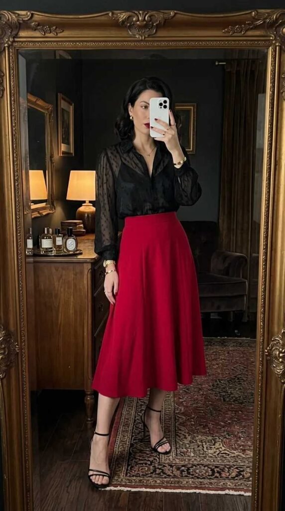 Woman in sheer black blouse and long red skirt mirror selfie for Long Red Skirt Outfit Ideas for Women.