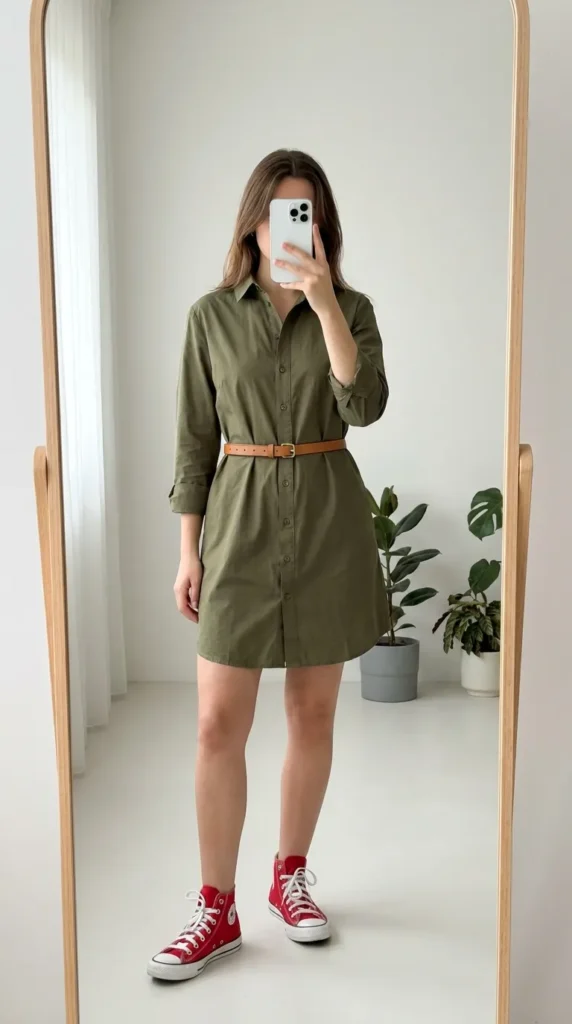 Woman in olive green belted shirt dress with red Converse high-tops for easy Red Converse Outfit Ideas.