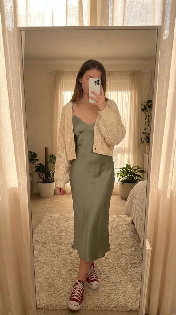 Woman in sage green slip dress and cream cardigan with red Converse sneakers, Red Converse Outfit Ideas look.