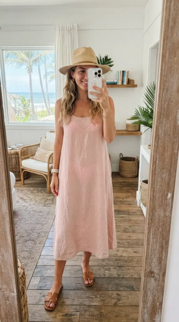 Easy Summer Barbie Outfit Ideas: soft pink linen sundress with straw hat by the beach