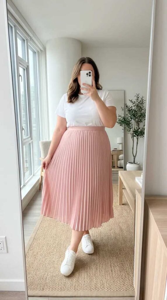 Curvy woman in white tee and soft pink pleated midi skirt, fresh Barbie Outfit Ideas for Plus Size Women.