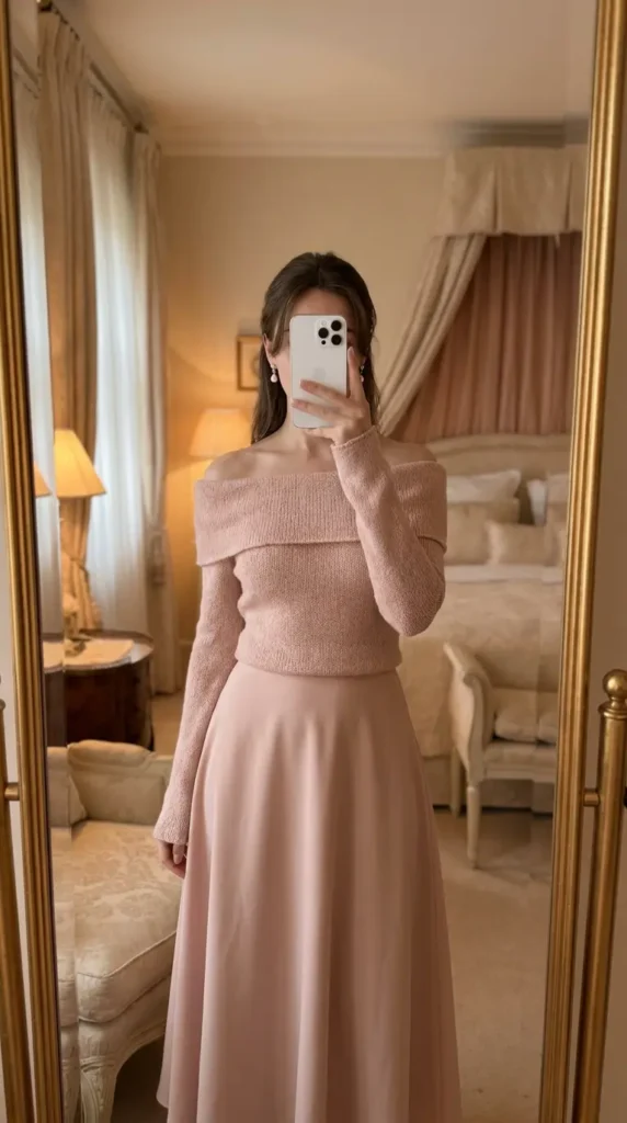 Soft pink off-shoulder sweater with maxi skirt, romantic Best Barbie-Inspired Party Outfits look
