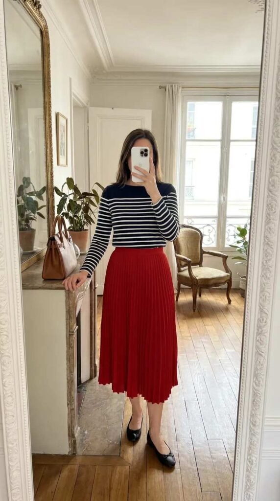 Navy striped top with red pleated midi skirt in classic Long Red Skirt Outfit Ideas for Women look.