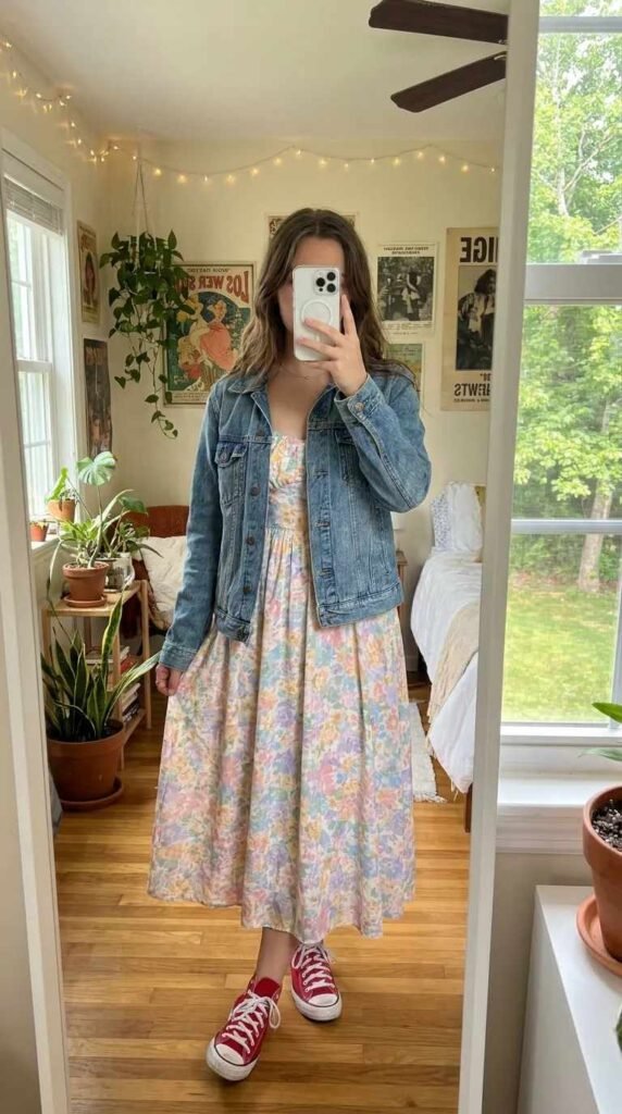 Woman in floral sundress and denim jacket with red Converse sneakers, bright Red Converse Outfit Ideas.