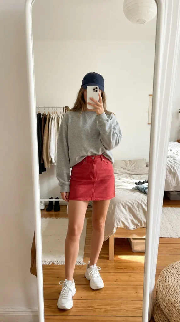 Gray sweatshirt with short red denim skirt and sneakers in casual Long Red Skirt Outfit Ideas for Women.