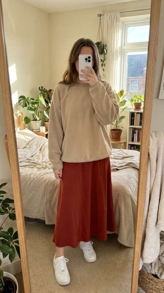 Fall Long Red Skirt Outfit Ideas with a beige sweatshirt, rust skirt, and white sneakers.
