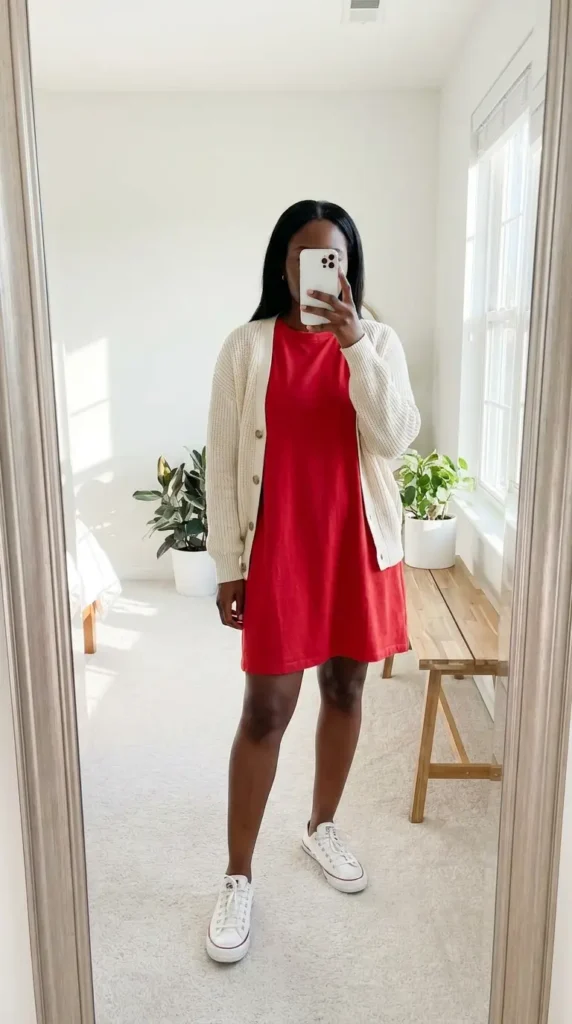 Casual Black woman in red T-shirt dress with cream cardigan and white sneakers for red dress outfit ideas designed for Black women.