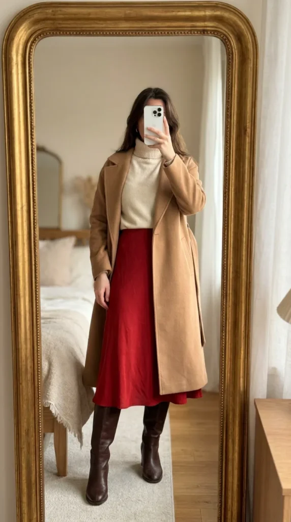 Cream turtleneck, long red skirt, and camel coat for winter Long Red Skirt Outfit Ideas for Women.