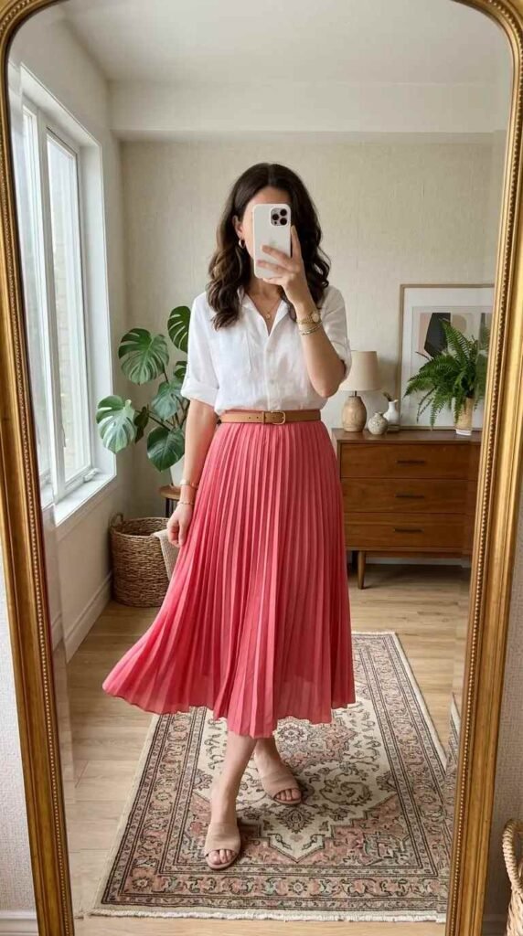 Easy Summer Barbie Outfit Ideas: pleated coral skirt with white blouse and belt