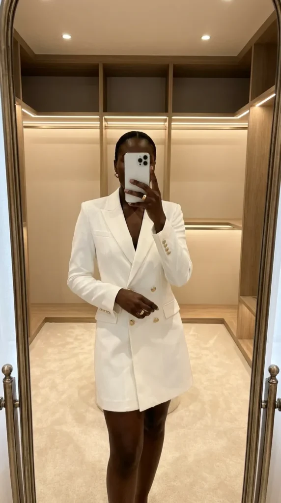 White blazer dress – sharp and chic All White Fall Outfit Ideas for Black Women.