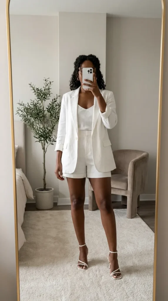 Black woman in a white blazer and shorts set with heels poses for All White Summer Outfit Ideas for Black Women.