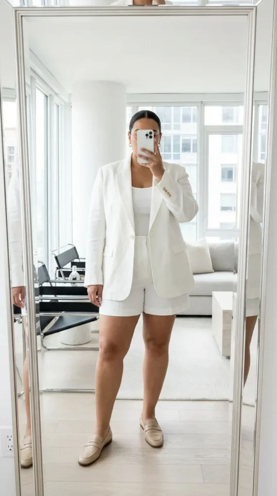 Curvy woman in white blazer, tank, and tailored shorts with loafers – All White Outfit Ideas for Plus Size Women
