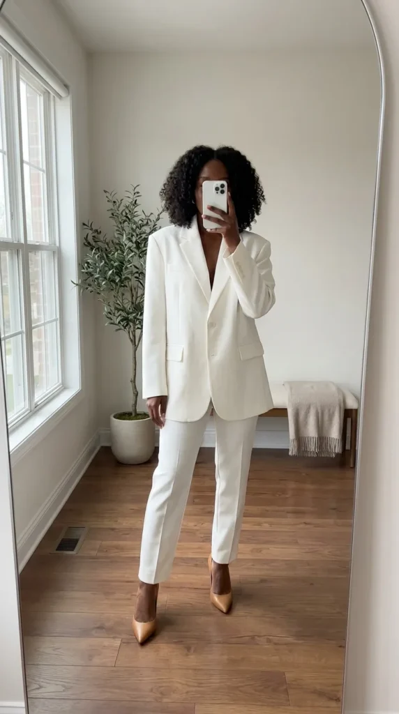 White blazer and trousers set, polished All White Outfits for Black Women workwear