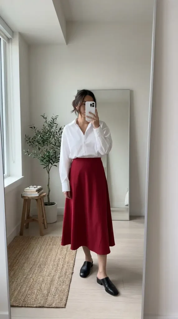 White blouse tucked into red midi skirt, a polished Casual Red Black & White Outfits look.