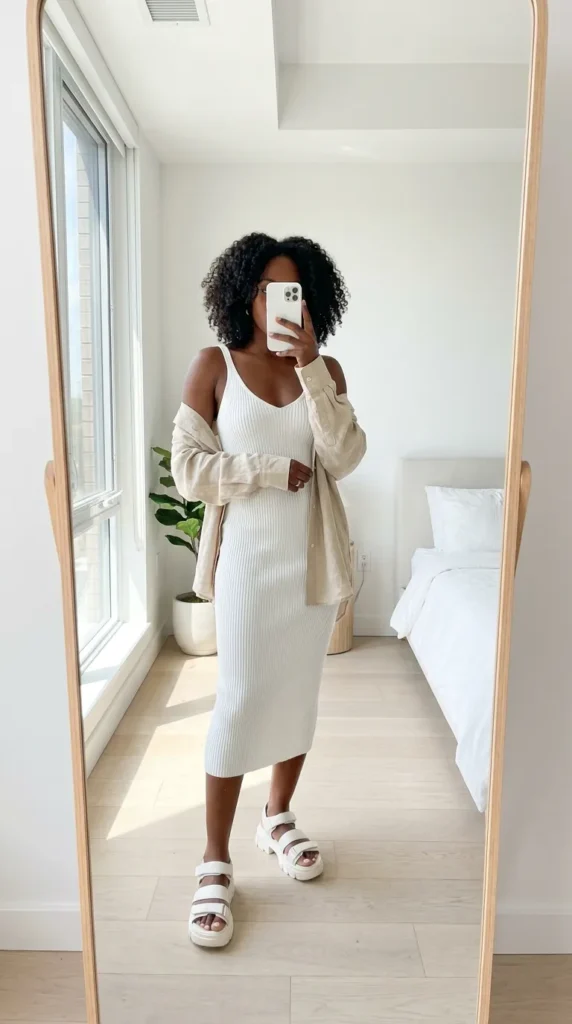 12. White Bodycon Midi Dress
Black woman in a white ribbed bodycon midi dress with open shirt for All White Summer Outfit Ideas for Black Women