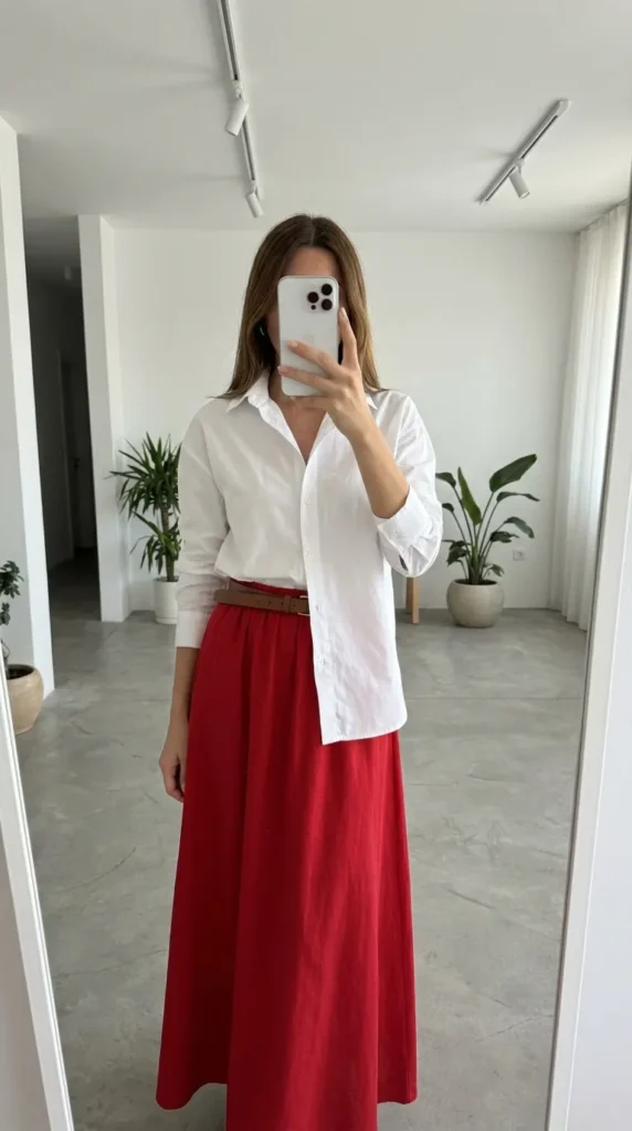 Fall Long Red Skirt Outfit Ideas with a white button-down, brown belt, and red skirt.