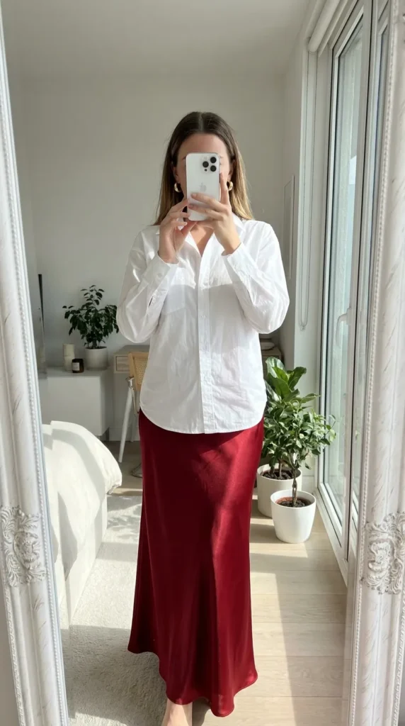 White button-down tucked into satin red midi skirt for Long Red Skirt Outfit Ideas for Women.