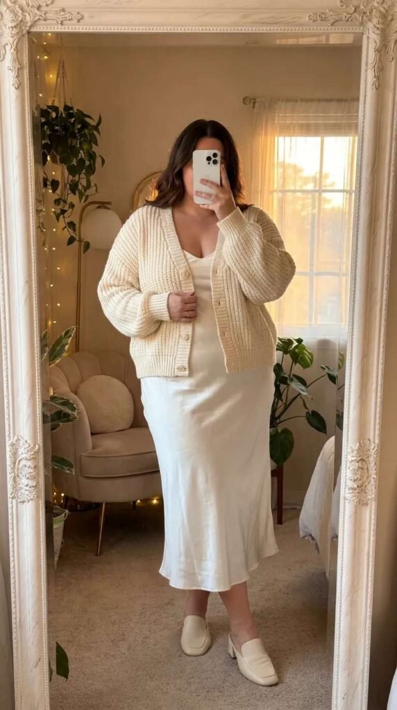 Plus size woman in cream cardigan over white slip dress and loafers – All White Outfit Ideas for Plus Size Women