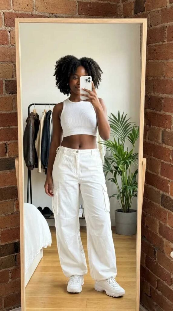 A Black woman in a white ribbed crop top and cargo pants poses in a mirror, showcasing All White Summer Outfit Ideas for Black Women.