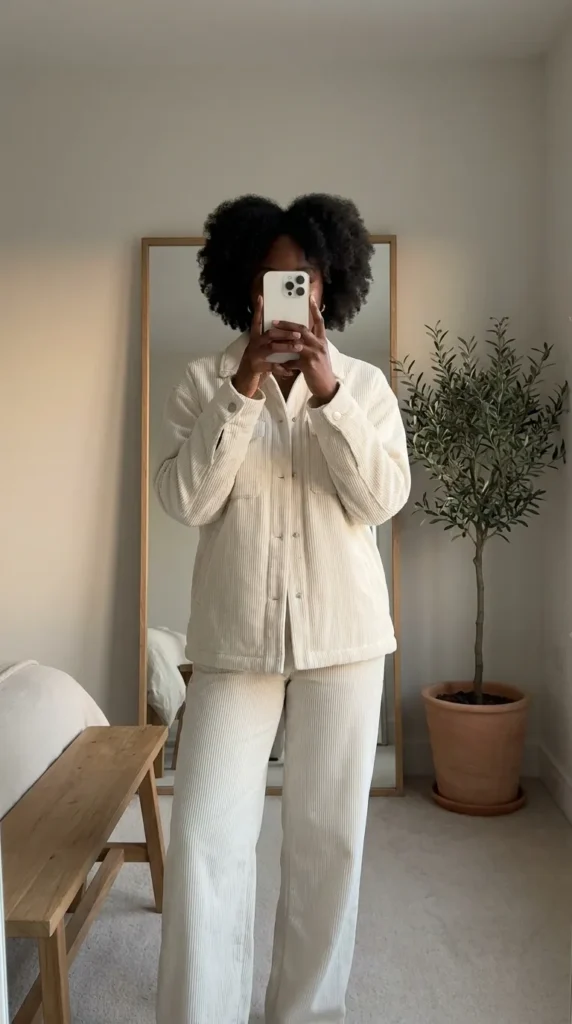 White corduroy set – textured All White Fall Outfit Ideas for Black Women.