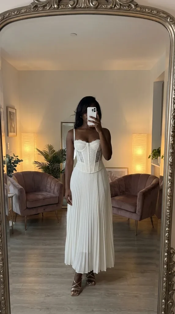 White corset top with pleated maxi skirt, romantic All White Outfits for Black Women look