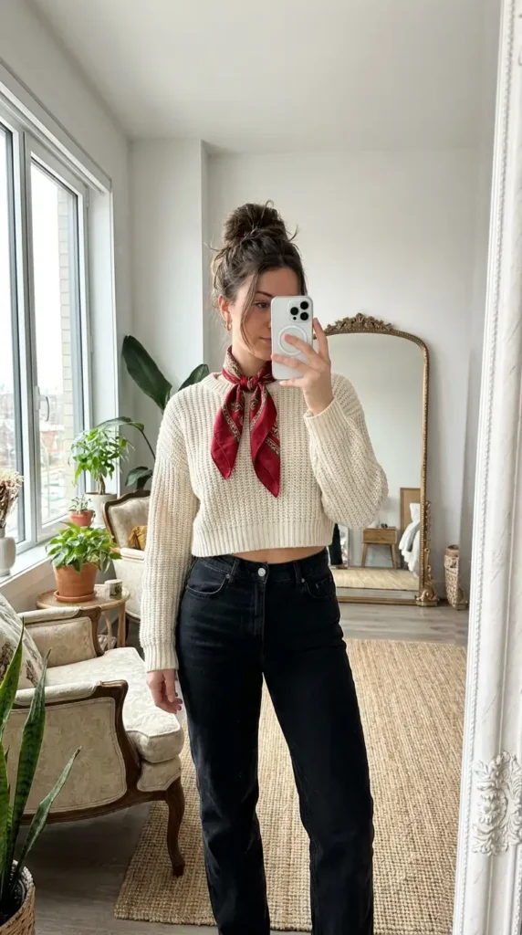 Cream crop sweater, black jeans, and red scarf, a chic Casual Red Black & White Outfits combo.