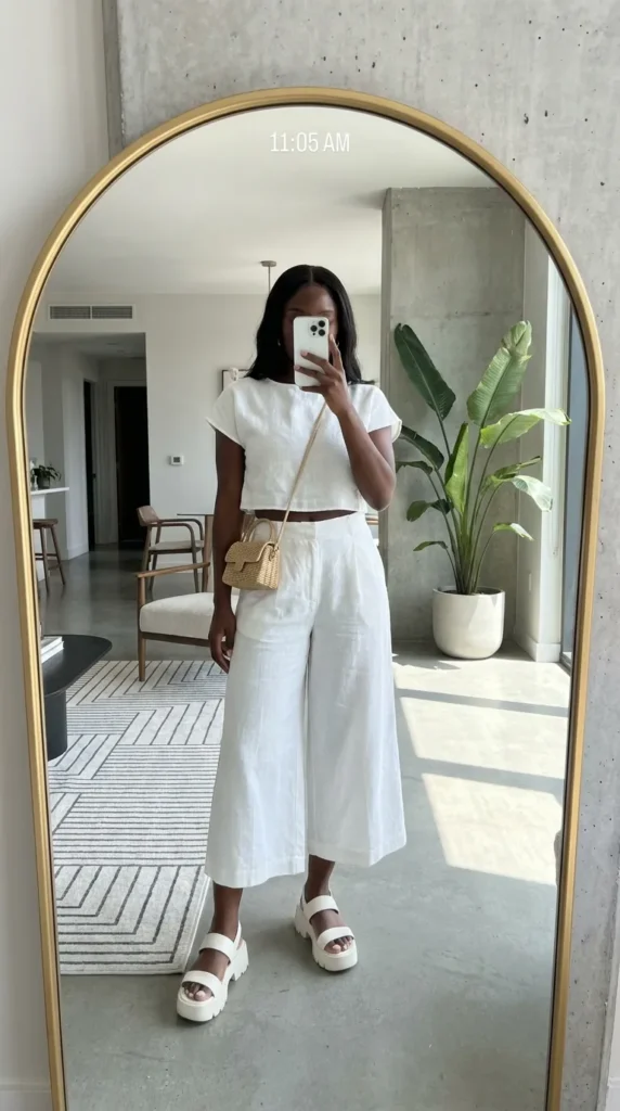White cropped top with culottes, minimalist All White Outfits for Black Women outfit
