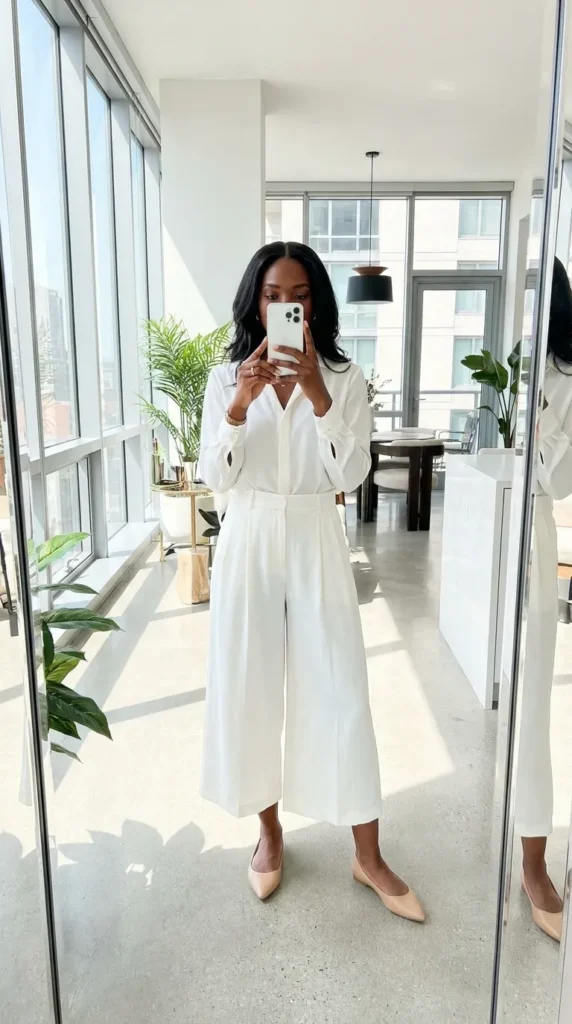 Black woman in a white blouse and culottes poses in a modern loft for All White Summer Outfit Ideas for Black Women.