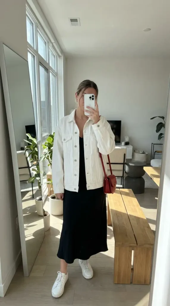 White denim jacket over black dress with red bag, a fresh Casual Red Black & White Outfits pairing.