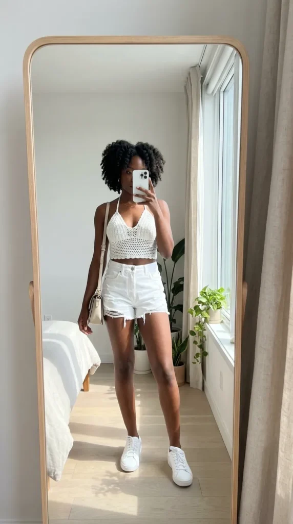 Black woman in white crochet crop top and denim shorts takes a mirror selfie for All White Summer Outfit Ideas for Black Women.