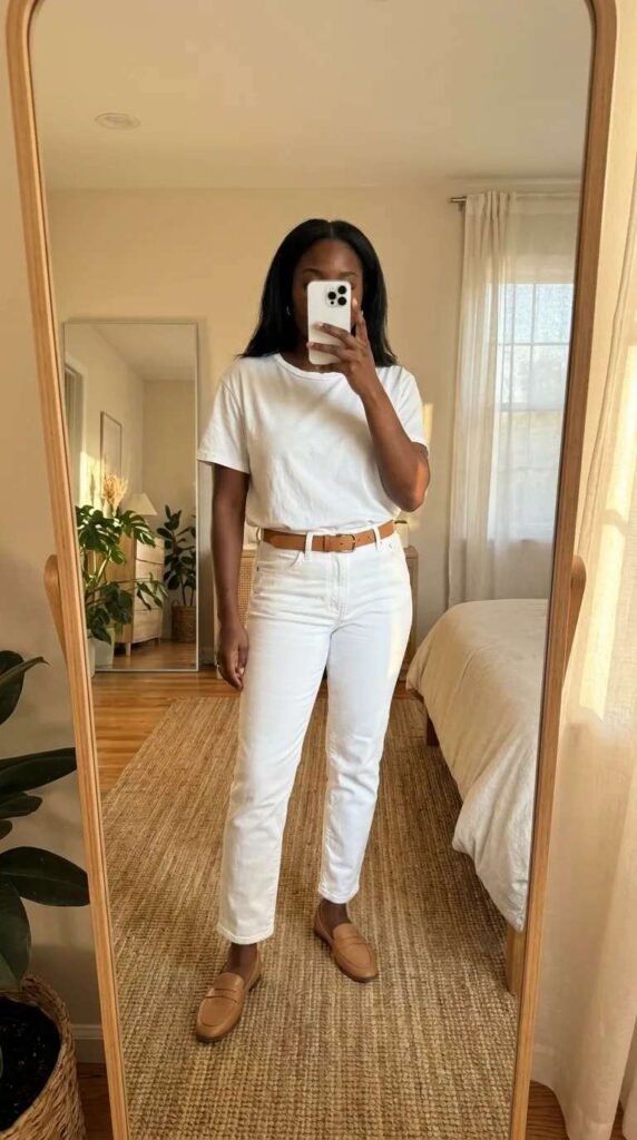White tee with white jeans and tan loafers — All White Outfits for Black Women, casual style