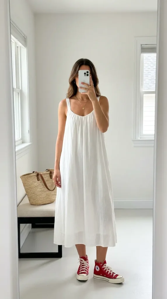 Woman in white sleeveless midi dress with red Converse sneakers, fresh Red Converse Outfit Ideas look.