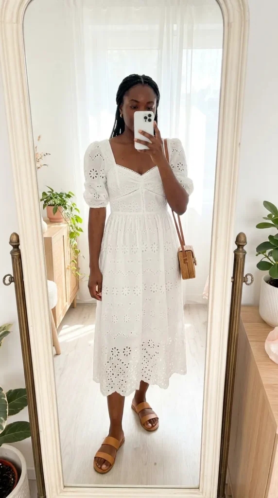 Black woman in a white eyelet midi dress with puffed sleeves for All White Summer Outfit Ideas for Black Women.