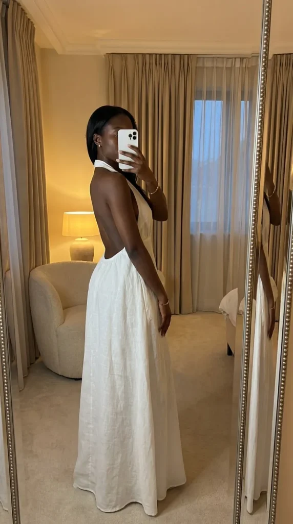 Black woman in a backless white halter maxi dress poses in a hotel room for All White Summer Outfit Ideas for Black Women.