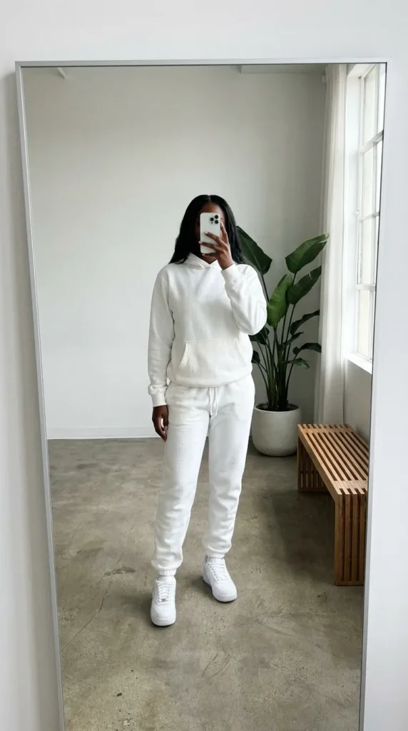 White hoodie and matching joggers – casual All White Fall Outfit Ideas for Black Women.