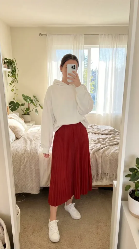 White hoodie paired with red pleated skirt, a cute Casual Red Black & White Outfits look.