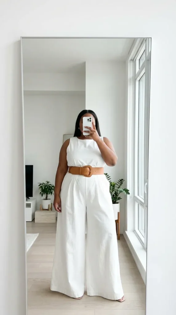Plus size woman in white sleeveless jumpsuit with tan statement belt – All White Outfit Ideas for Plus Size Women
