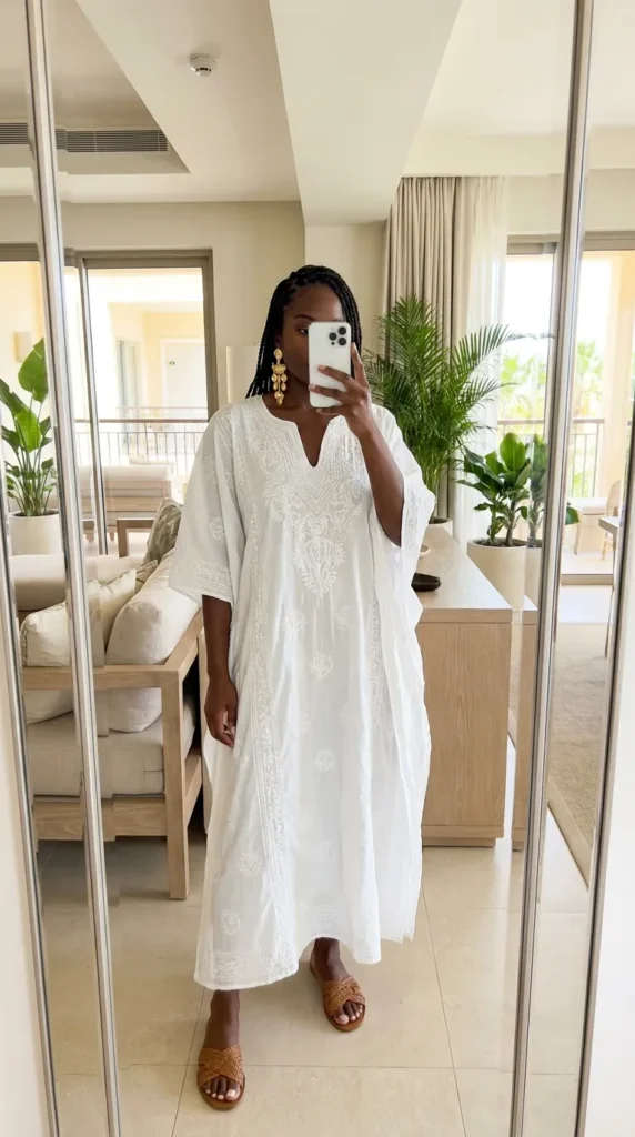 Embroidered white kaftan with sandals, resort All White Outfits for Black Women style