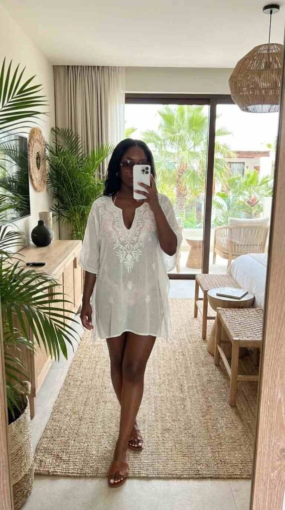 Black woman in a white embroidered kaftan cover-up poses in a resort-style room for All White Summer Outfit Ideas for Black Women.