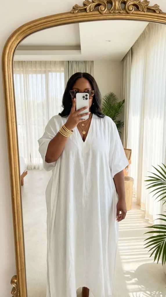 Plus size woman in white kaftan with gold jewelry and sunglasses – All White Outfit Ideas for Plus Size Women