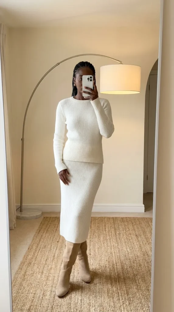White ribbed knit set with boots, elegant All White Outfits for Black Women outfit