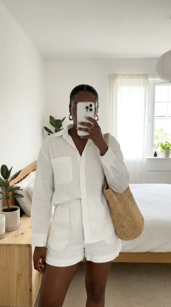 Black woman in a white linen shirt and shorts set holds a woven bag for All White Summer Outfit Ideas for Black Women.