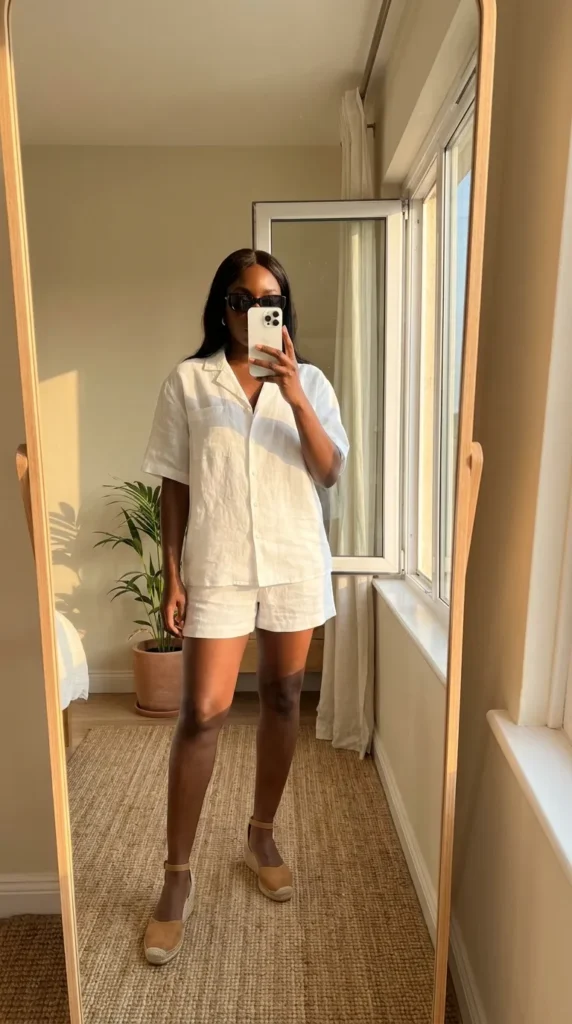 White linen shirt and shorts set, relaxed All White Outfits for Black Women look