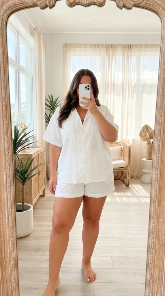 Plus size woman in white linen short-sleeve shirt and matching shorts – All White Outfit Ideas for Plus Size Women