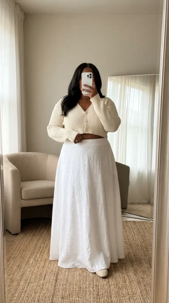 Plus size woman in cream crop cardigan and long white maxi skirt – All White Outfit Ideas for Plus Size Women