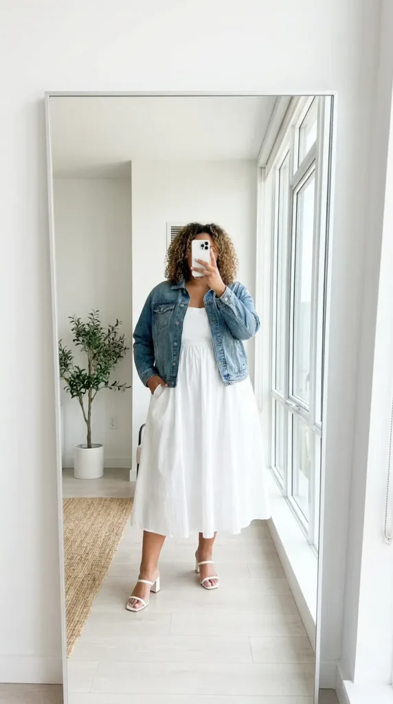 Plus size woman in white midi dress layered with denim jacket and heels – All White Outfit Ideas for Plus Size Women
