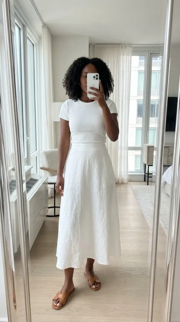 White midi skirt with fitted tee, classic All White Outfits for Black Women look